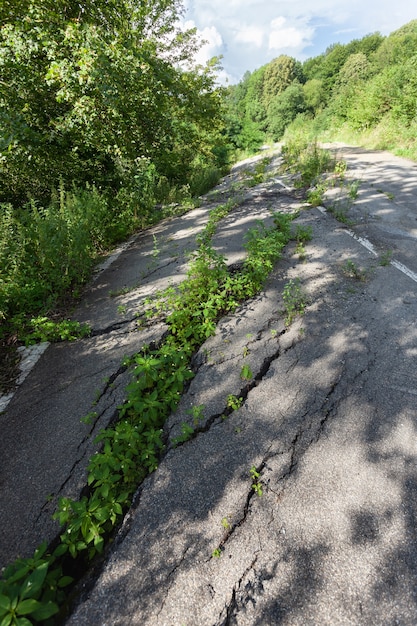 부풀어 오른 아스팔트. 토양 산사태의 자연적 대격변으로 인한 파괴된 도로 결과. 산사태로 인해 아스팔트가 이동했습니다.