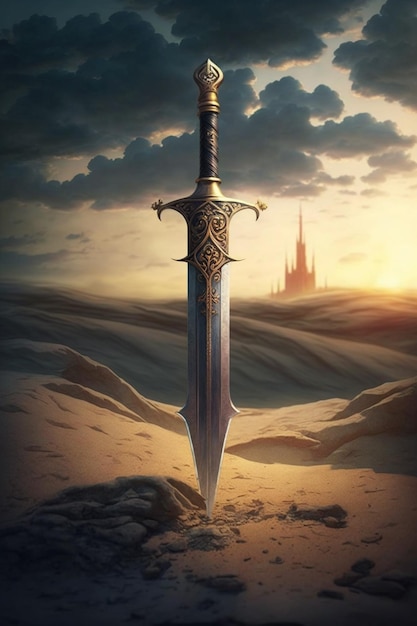 A sword in the desert with a castle in the background.