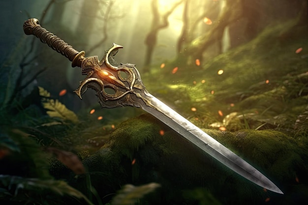 a sword in a forest