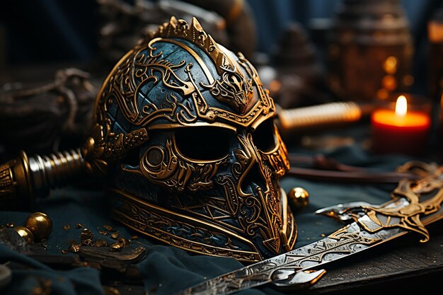 Sword and Iron Helm on the Table CloseUp Background