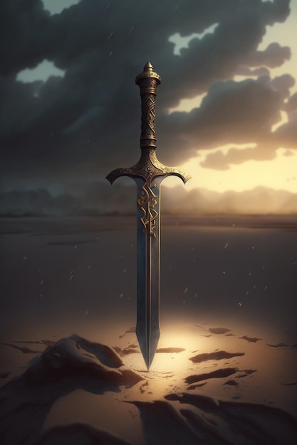 A sword is on a rock and the word sword is on it