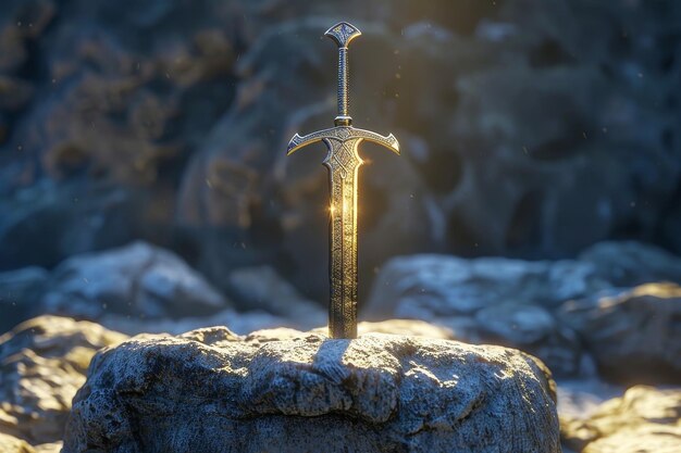 Photo a sword is standing on a rocky mountain