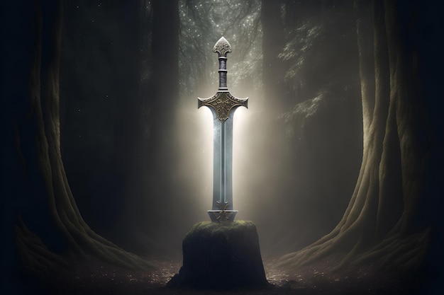 Photo sword king arthur excalibur in a stone in the forest a ray of light reflected on the sword fantasy