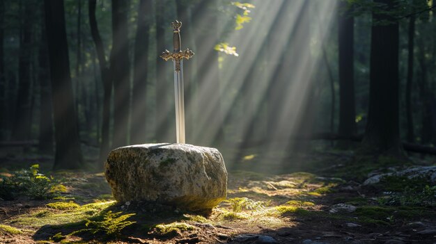 Photo sword king arthur excalibur in a stone in the forest a ray of light reflected on the sword