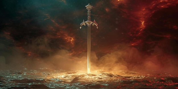 Photo a sword in the middle of a field of fire