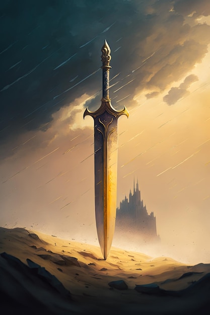 A sword in the sand with a castle in the background