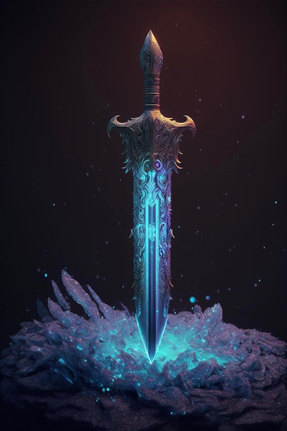 Sword sitting on top of a pile of ice generative ai