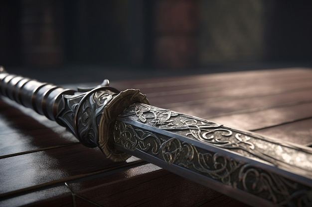 A sword on a table with the word war on it