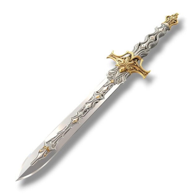 現実的なファンタジーアートワークのスタイルで白い背景の上に置かれた剣