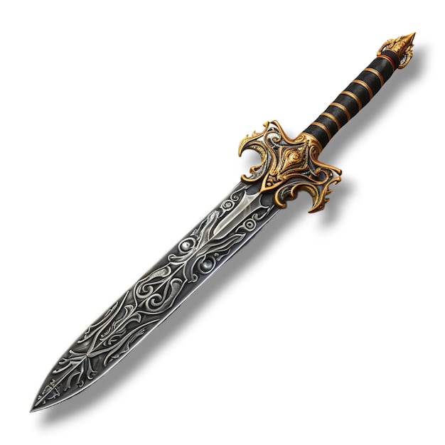 a sword that is sitting on top of a white background in the style of realistic fantasy artwork