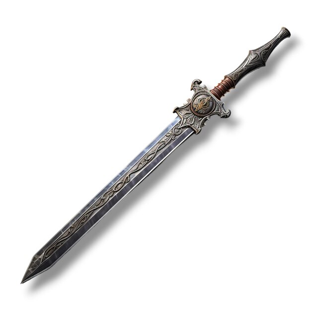 現実的なファンタジーアートワークのスタイルで白い背景の上に置かれた剣