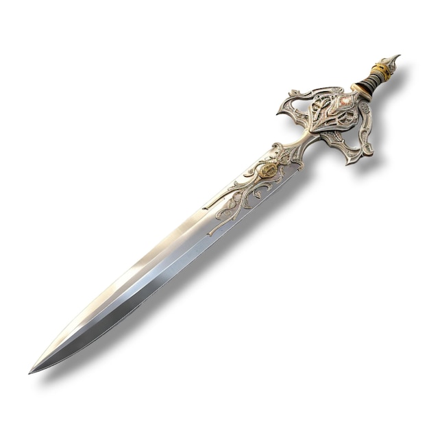 a sword that is sitting on top of a white background in the style of realistic fantasy artwork