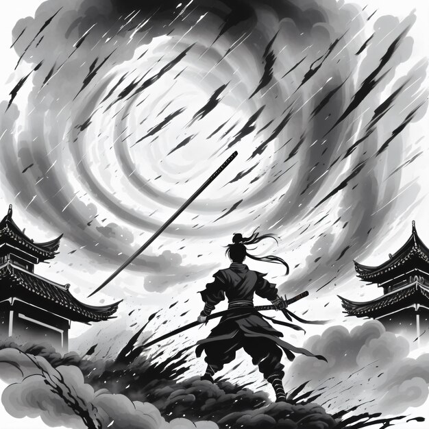 Sword Tornado Epic Battle in Classical Chinese Ink Style