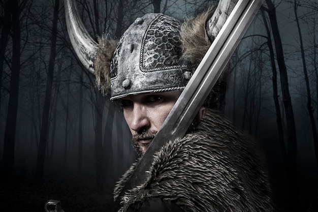 Sword, Viking warrior with helmet over vintage textured background