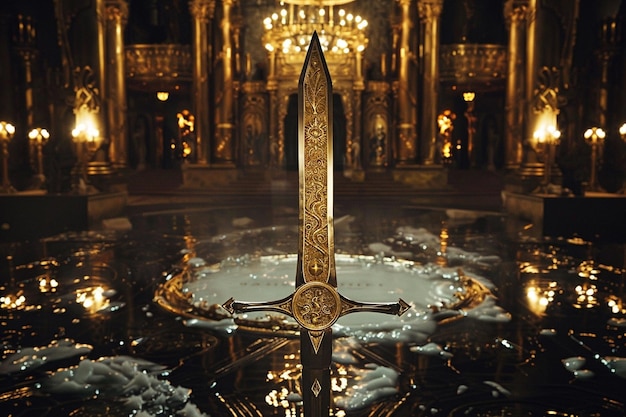 Photo a sword in a water pool with a reflection of the word  god  on it