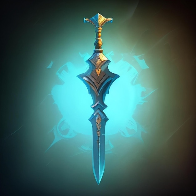 A sword with a blue background and a blue background.