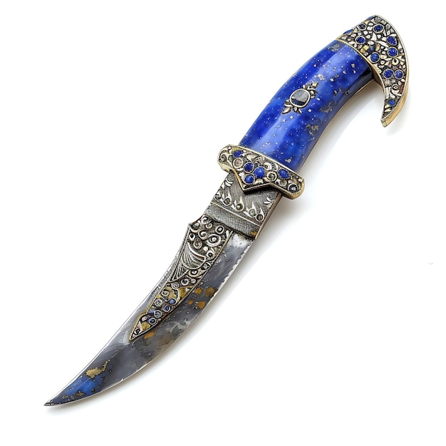 Photo a sword with a blue and gold design on it is laying on a white surface