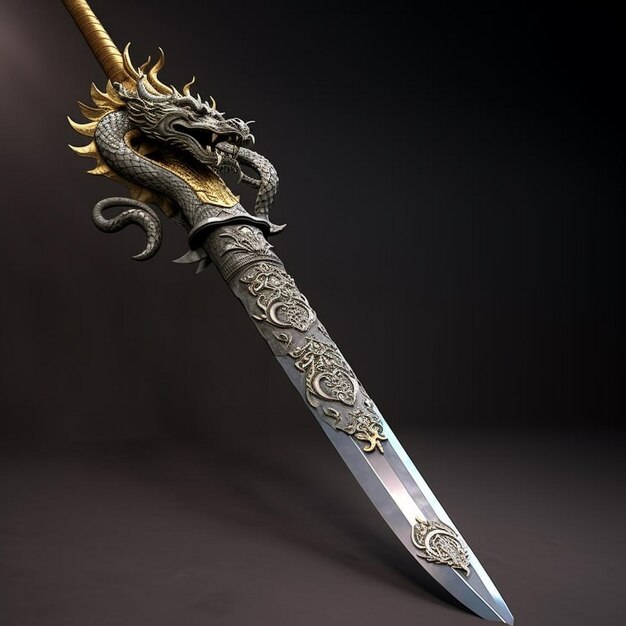 A sword with a dragon on it is shown