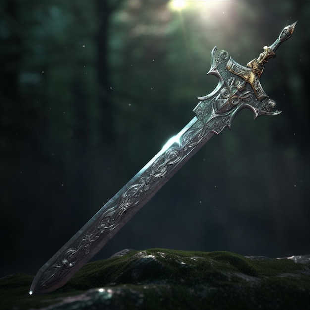 A sword with a gold design is in the air.