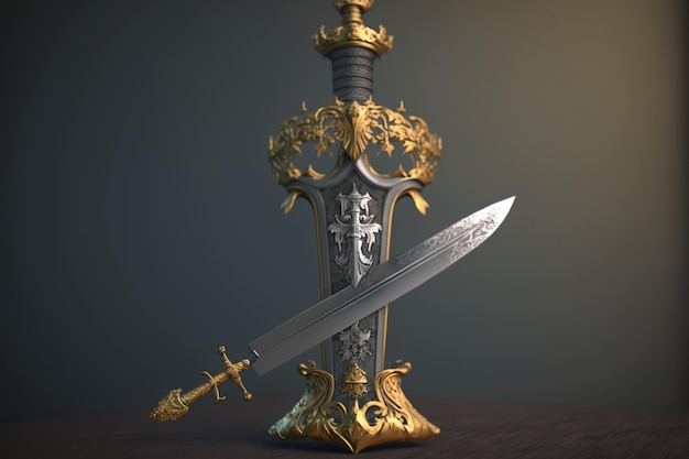 A sword with a gold design is on a table.