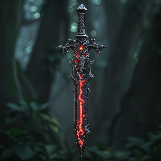 Photo a sword with a red flame on it is in the dark