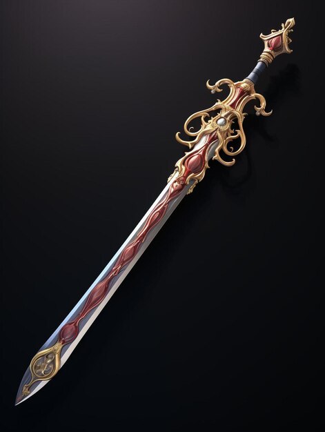 A sword with a red and gold design on the front.