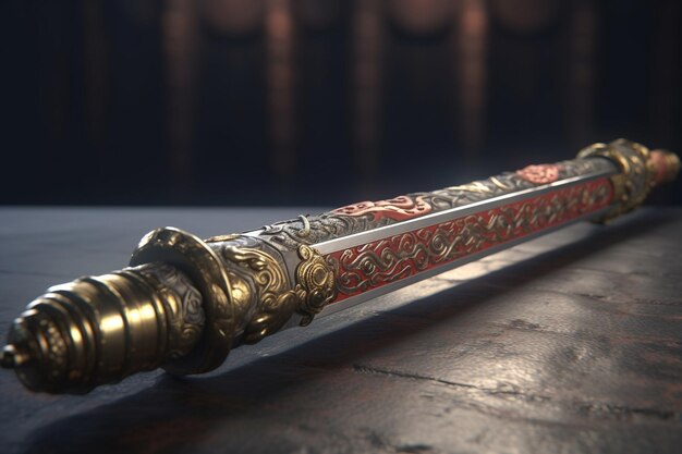 A sword with a red and gold pattern.