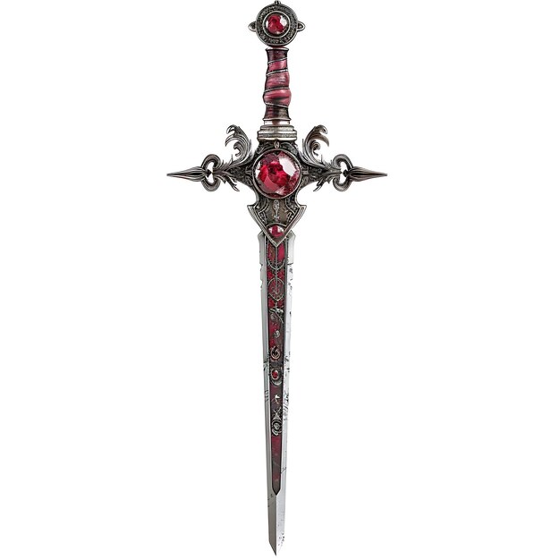 a sword with a red stone on it is shown