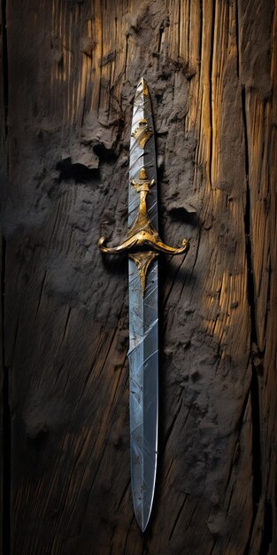 Photo a sword with the word sword on it is on a tree trunk