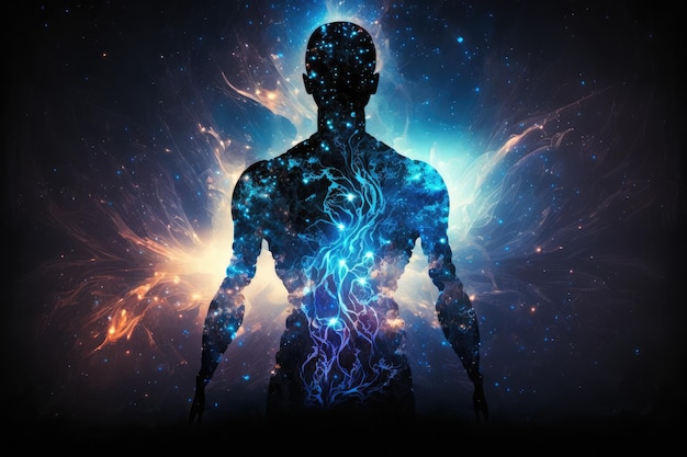 Syber space concept of glowing astral body silhouette neural network AI generated art