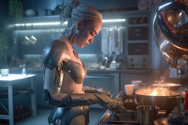 Sybernetic female android helper Artificial Intelligence helps in everyday life Robot cleaner cook dishwasher AI for fun and entertainment future Humanoid looks like human being Generative AI