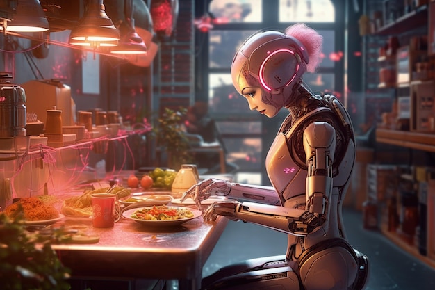 Sybernetic female android helper Artificial Intelligence helps in everyday life Robot cleaner cook dishwasher AI for fun and entertainment future Humanoid looks like human being Generative AI