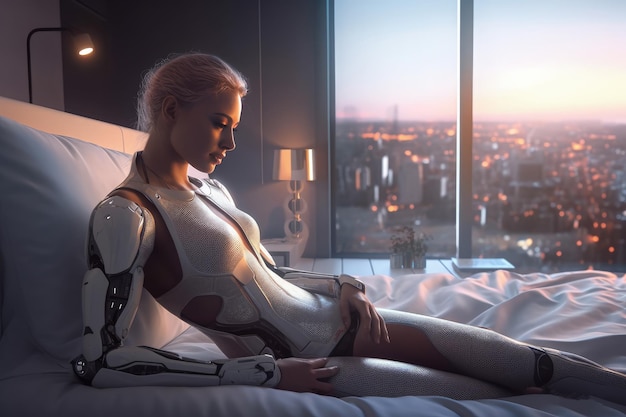 Sybernetische vrouwelijke Android-helper Kunstmatige intelligentie helpt in het dagelijks leven Robotreiniger kok vaatwasser AI voor plezier en entertainment toekomst Humanoid ziet eruit als mens Generatieve AI