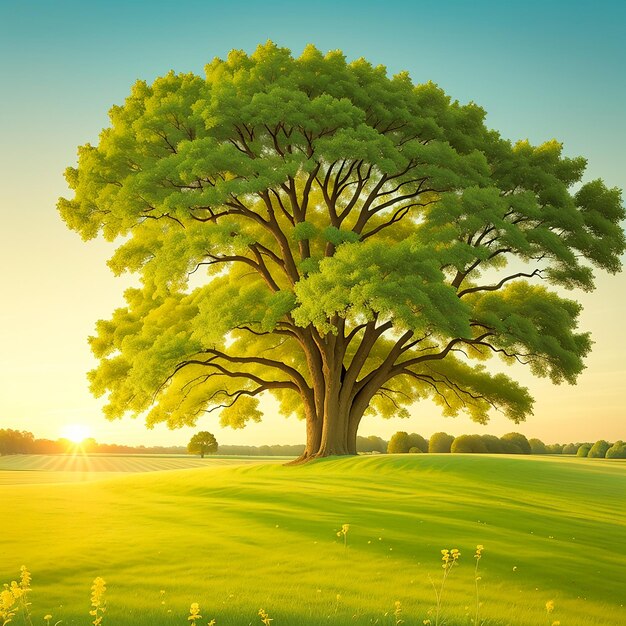 Sycamore tree in summer field at sunset