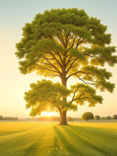 Sycamore Tree in Summer Field at Sunset