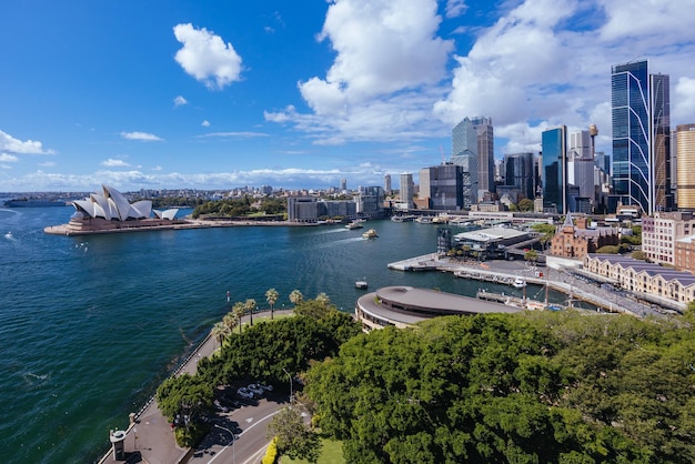 SYDNEY AUSTRALIA MARCH 4 2023 The Sydney CBD and surrounding harbour including Circular Quay and The Rocks on a clear autumn day in Sydney Australia