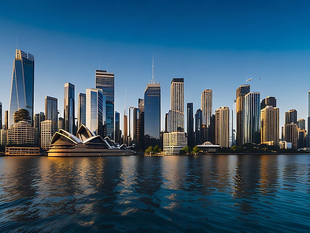 Sydney CBD skyline with reflection of buildings in the harbour waters Ai generated