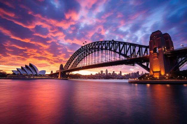 Sydney Harbour Bridge bij zonsondergang Australië Lange blootstelling Sydney Harbour Bridge tijdens zonsondergang AI gegenereerd