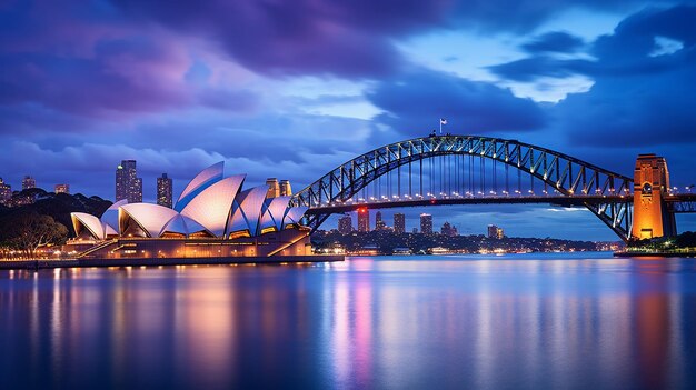 Foto sydney harbour bridge e l'opera house al crepuscolo