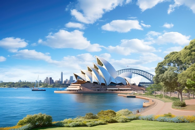 Sydney Opera House en Sydney Harbour Bridge Australië met blauwe lucht Mooie luchtfoto van het Sydney Opera House aan de baai in Australië Panoramisch uitzicht AI gegenereerd