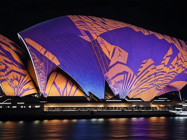 The Sydney Opera House at night with beautiful patterns projected onto the walls for the Vivid Sydn