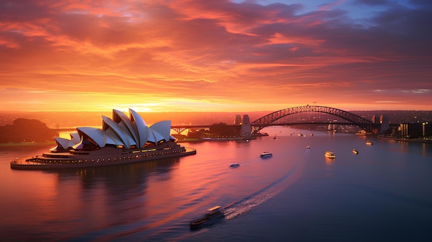 Sydney Opera House at sunset seen from Sydney Harbour Bridge Ai generated