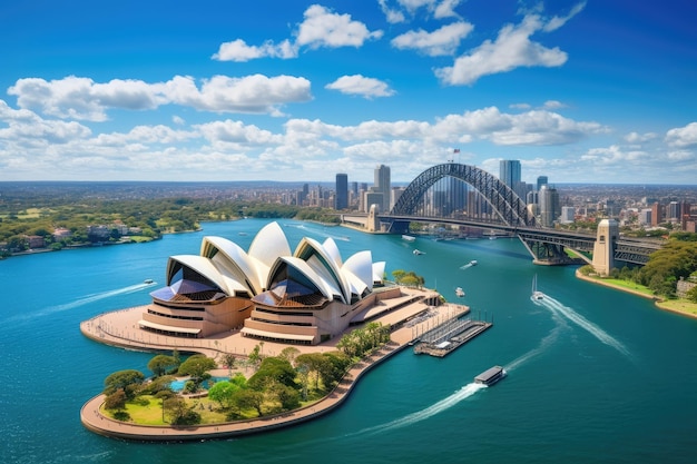 Sydney Opera House and Sydney Harbour Bridge in a beautiful summer day Australia Sydney Australia Landscape aerial view of Sydney Opera house near Sydney business center around the AI Generated