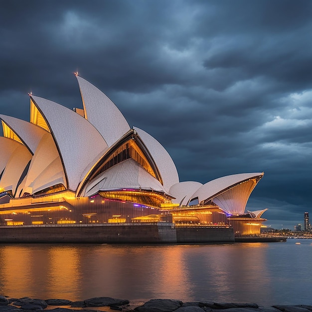 Sydney Opera House tijdens een bewolkte maar warme dag in de zomer 's nachts gegenereerd door AI