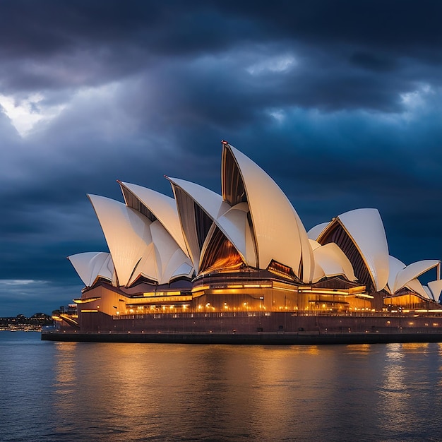 Sydney Opera House tijdens een bewolkte maar warme dag in de zomer 's nachts gegenereerd door AI