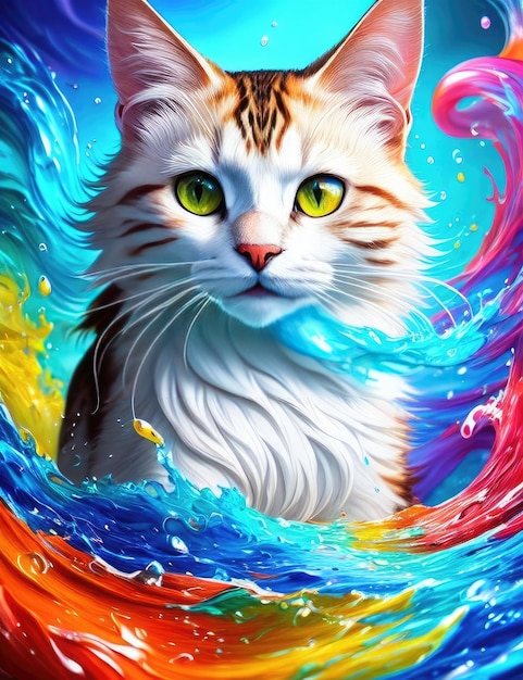 Symbiosis of a cat and splashes waves of multicolored paint Generative AI