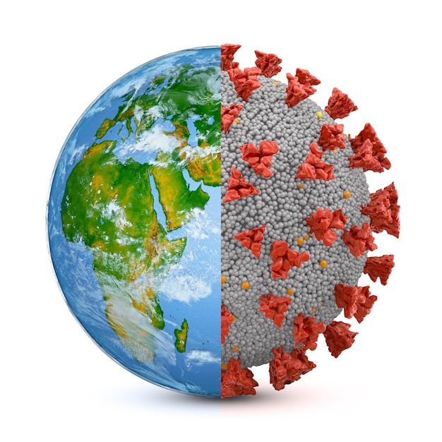 Symbiosis of the planet earth and coronavirus covid 19. 3D render.