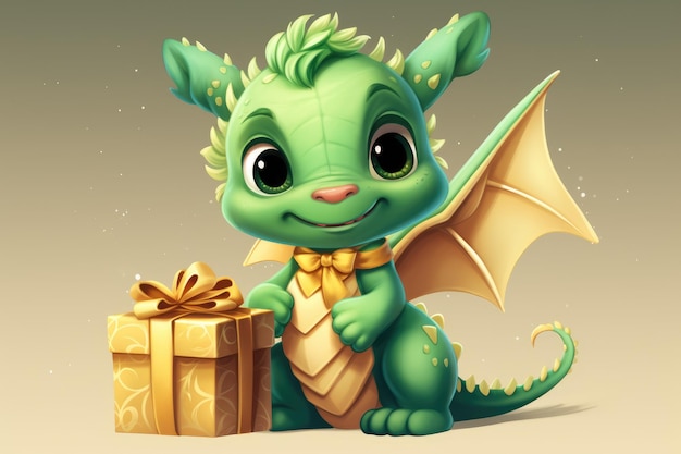 The symbol of 2024 is a green dragon with a gift postcard New Year's greetings