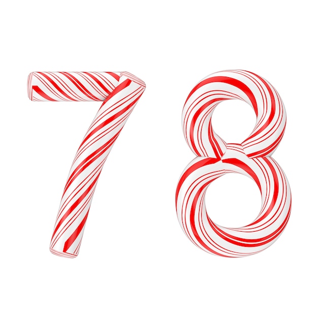 Simbolo 7 e 8 mint candy cane alphabet letters numbers collection striped in red christmas color su sfondo bianco. rendering 3d