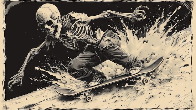 Foto simbolo di break the bone slogan con scheletro di donosauro che gioca a skateboard